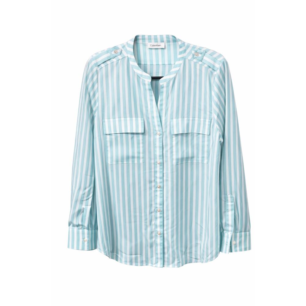 Calvin Klein Mint Stripe Minimalist modern Coastal Chic Blouse Large Button Down